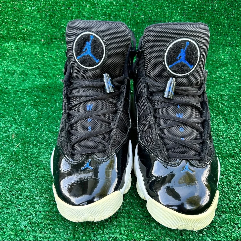 Jordan 6 Rings Space Jam‎ Black White Blue Patent Leather Sneakers 322992-016
